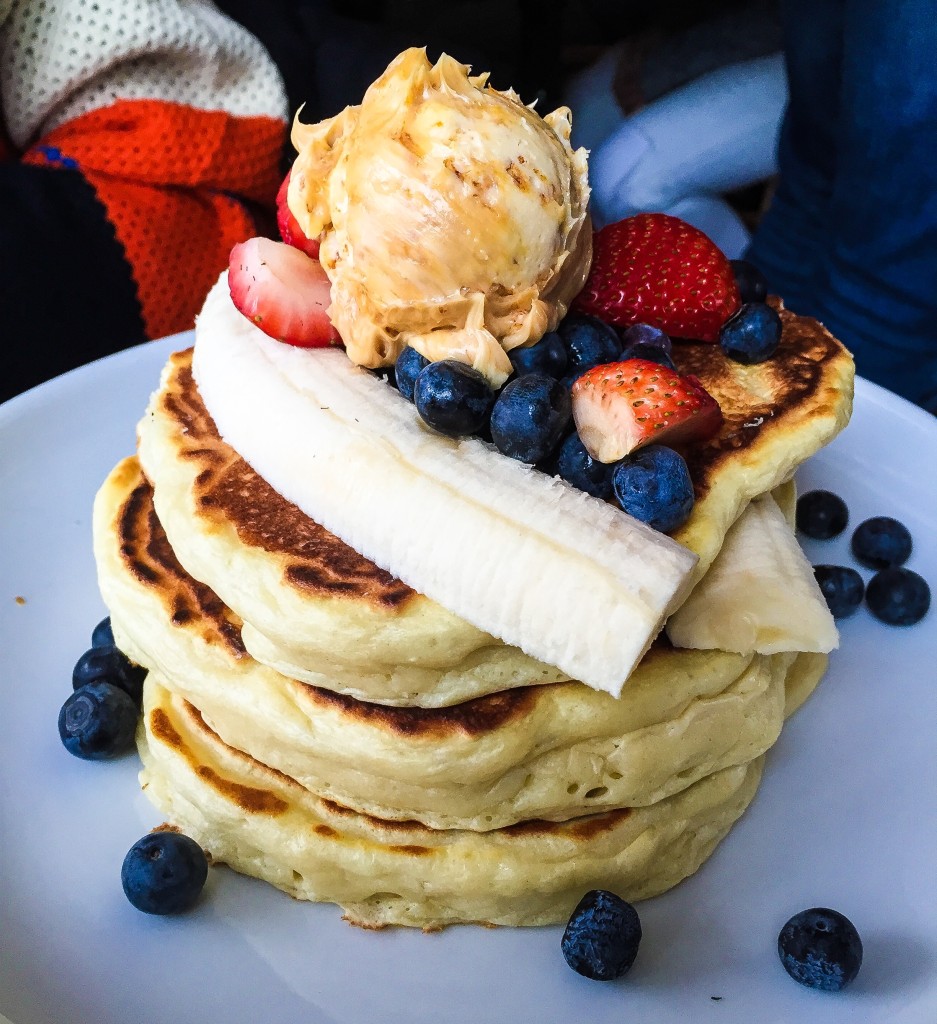 RICOTTA PANCAKES $13 w/ honeycomb butter, banana, blueberries, strawberries & served with 100% pure maple syrup