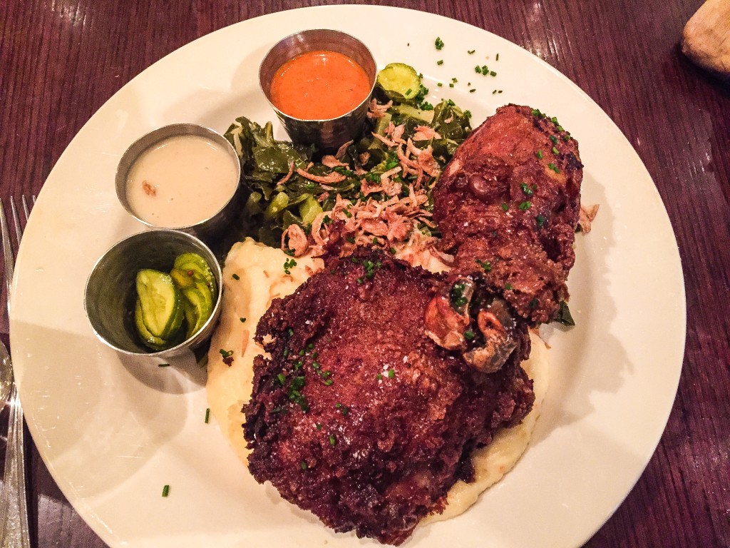 FRIED YARD BIRD .................................................................. $22 dark meat, white mace gravy, mashed potatoes, bread & butter pickles