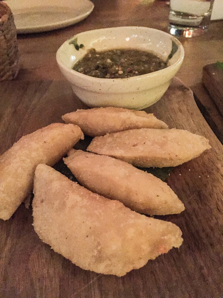 empanadas chihuahua cheese & serrano w charred tomatillo salsa     $8