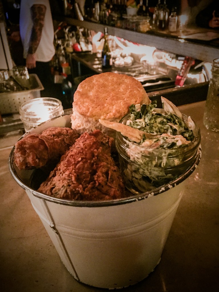 Sweet Chick Bucket $18  3 pc Fried Chicken, Collard Slaw, Buttermilk Biscuit