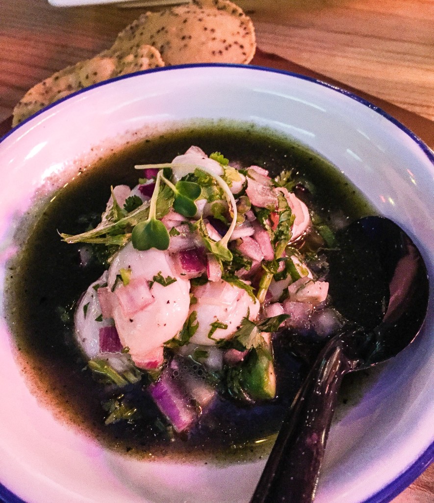 Aguachile de Callos - Bay scallops, jalapeno, mescal lime jus, cucumber, burnt chiles - $14