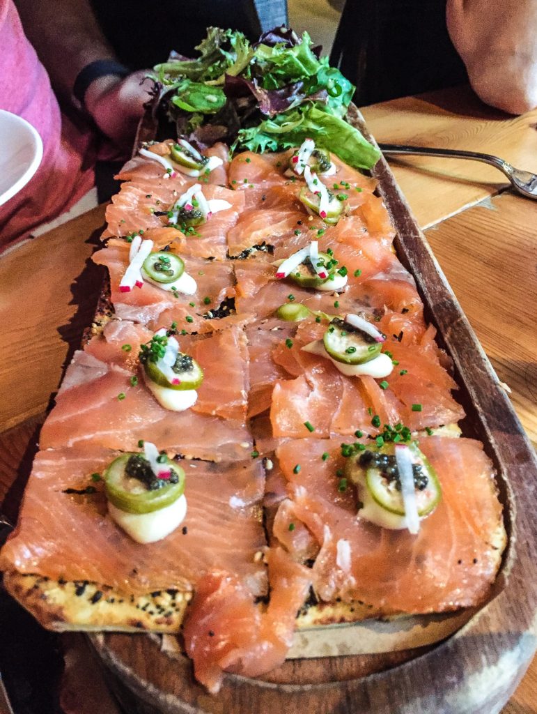 'Everything Bagel & Lox' Pizzetta american paddlefish roe, caper berries, cheddar cream cheese - $16