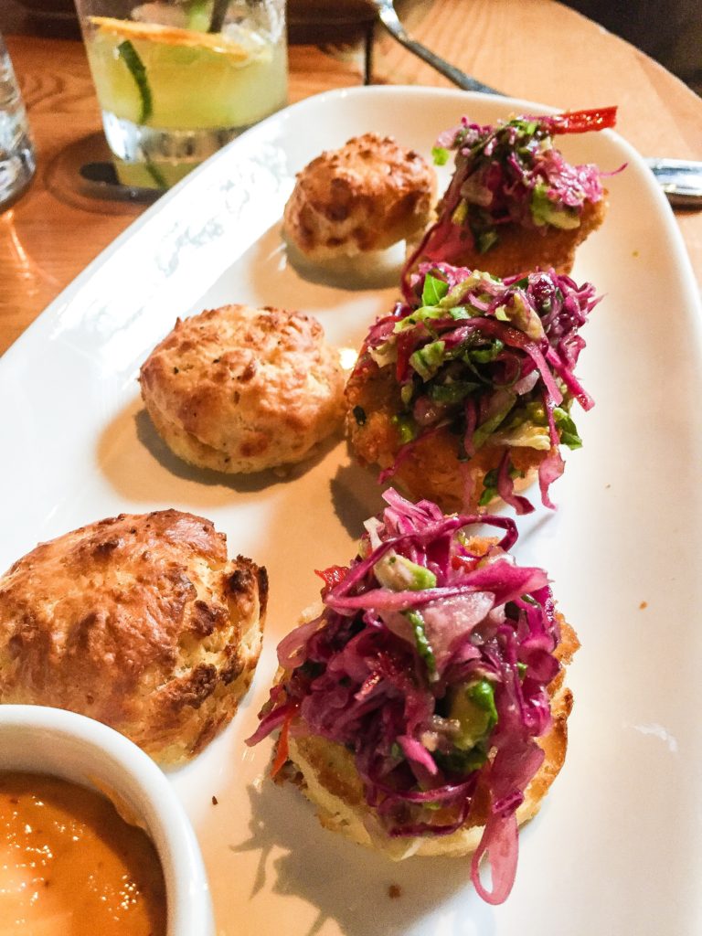 Fried Chicken Biscuit Bites tabasco honey butter, red cabbage slaw - $15